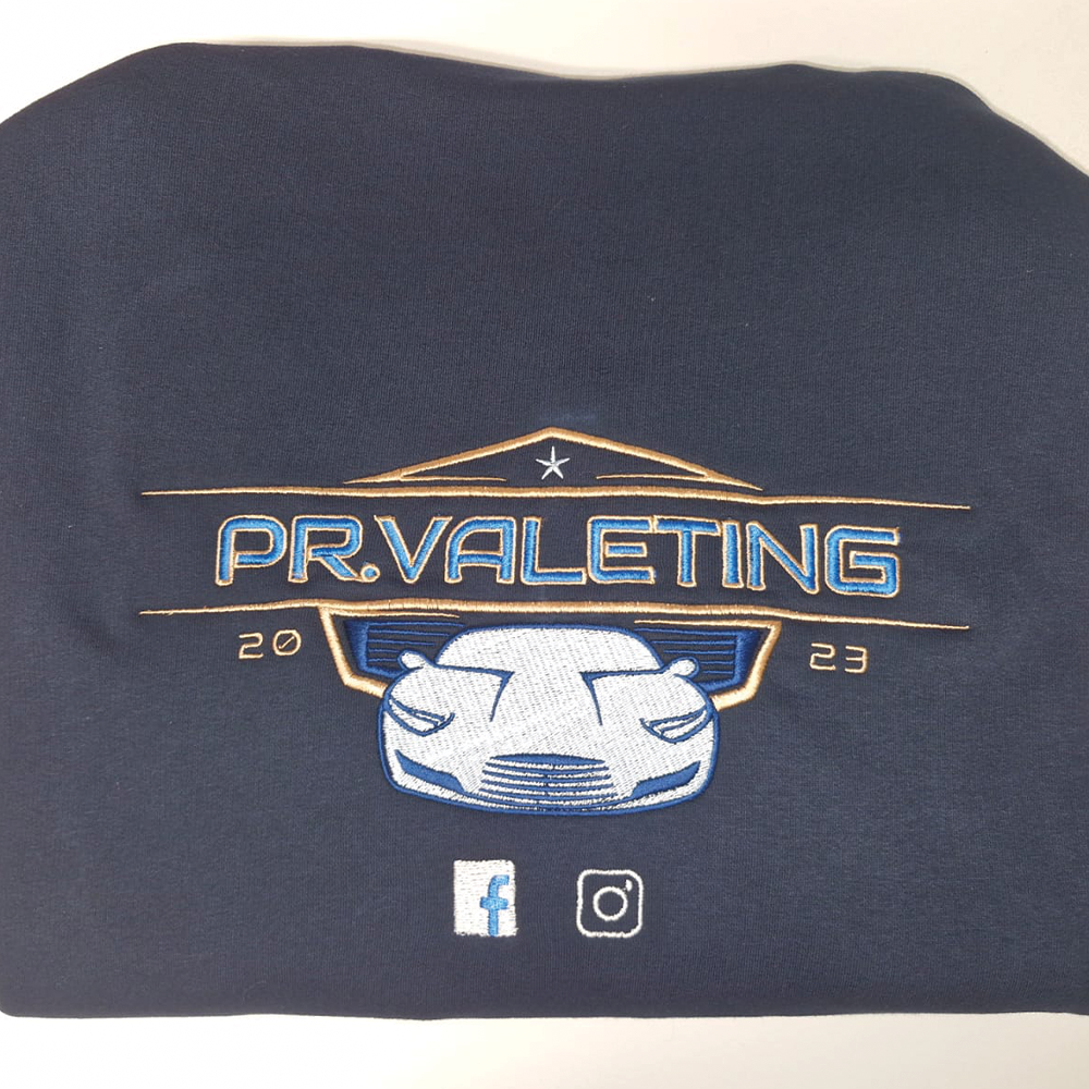 PR Valeting car logo embroidery stitched on cotton fleece sweatshirt